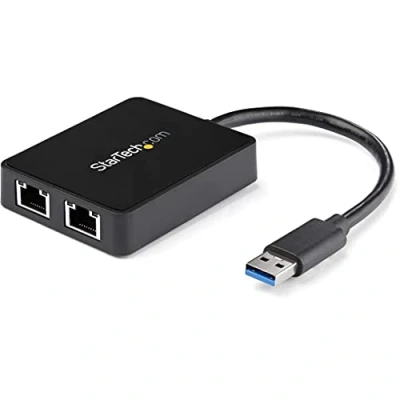 Obrázek StarTech.com USB 3.0 na Dual Gigabit Ethernet adaptér 2x 10/100/1000 Mbit/s síťový NIC s portem RJ45 Passthrough Port černý (USB32000SPT)