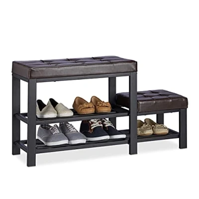 Obrázek Relaxdays, hnědá lavice na boty se stoličkou, útulný sedací polštář, organizér 2 úrovně, děti, V x H: 50 90,5 30,5 cm