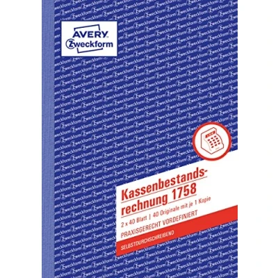 Obrázek AVERY Zweckform 1758 pokladní faktura (A5, 2 x 40 listů, propisující, zjišťování denních příjmů a držby pokladen, testováno právními experty, pro DE/AT, řádné účetnictví), bílá