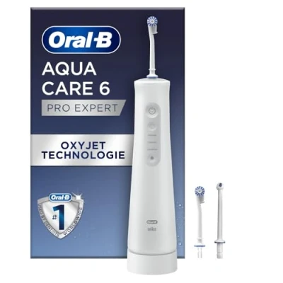 Obrázek Oral B AquaCare 6 bezdrátová ústní sprcha, 3 náhradní trysky, mezizubní čistič, jemné čištění zubů a zdravé dásně, technologie Oxyjet, režimy pro péči o zuby, dárek muže/ženu, bílá/šedá