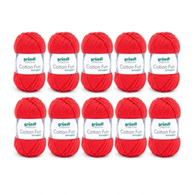 Obrázek Gründl Cotton Fun pletací příze / háčkovací (měkká ze 100% bavlny, certifikováno Öko Tex, 50 g/115 m, síla jehlic: 3 4, 10 klubko á g), signální červená, 27. 00 x 11. 07. cm