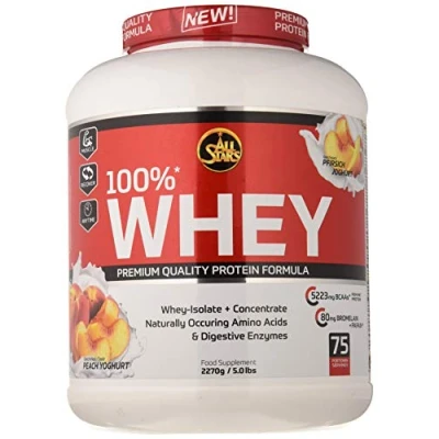 Obrázek All Stars 100% Whey PROTEIN 2270 g I proteinový prášek s koncentrací &amp; Isolat lahodný nízkým obsahem tuku kvalitní krémový koktejl vůní jogurtu Peach