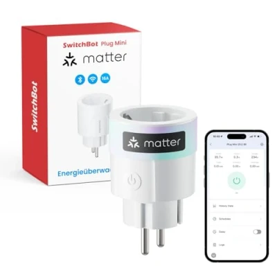 Obrázek SwitchBot Plug Mini Matter s monitorováním výkonu, ovládání přes WLAN A Bluetooth, kompatibilní Alexa, Google Home, Apple Home Assistant, hlasové přístup k aplikaci, 16 typ F