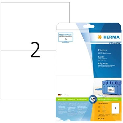 Obrázek HERMA 8636 přepravní etikety, 10 listů, 210 x 148 mm, 2 arch A4, 20 kusů, samolepicí, potiskovatelné, matné, prázdné papírové štítky na adresu, bílé