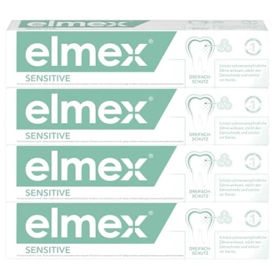 Obrázek elmex Zubní pasta Sensitive 4 x 75 ml jemné čištění zubů a ochrana citlivých na bolest klinicky potvrzeno pro silné zuby proti zubnímu kazu