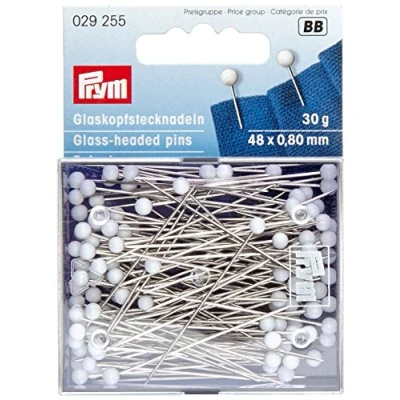 Obrázek Prym Špendlíky ze skla hlavou, 0,80 x 48 mm, bílé, 30 g, karta s krabičkou, ocel, 0,8 mm
