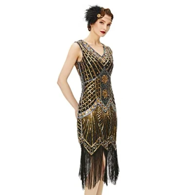 Obrázek dámské šaty Babeyond, retro flapper s flitry, styl 20. let, výstřih do V, na party ve stylu Velkého Gatsbyho, kostýmní koktejl Zlatá
