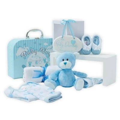 Obrázek Baby Box Shop Babyparty pro chlapce dárek 9 dětských dárků sada, novorozenec chlapec, dárková sada miminko Welcome Boy dárkový koš miminko,