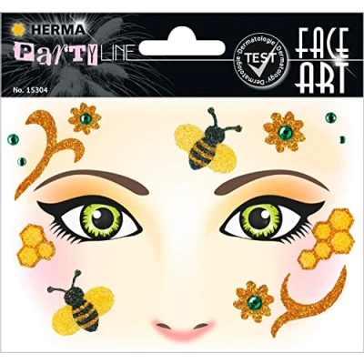 Obrázek HERMA 15304 Face Art Sticker včelí květiny, dermatologicky testováno, odstranitelné třpytivé nálepky na obličej, dočasné tetování karneval, masopust, Halloween, festival, dětské narozeniny, žlutá