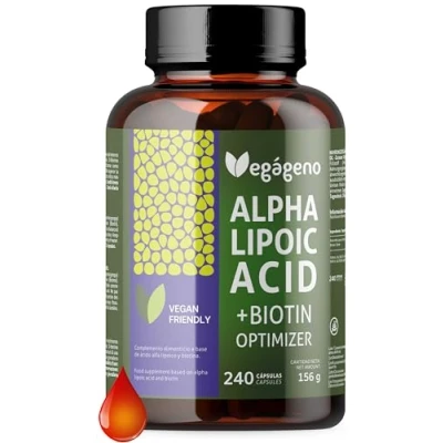 Obrázek Kyselina alfa lipoová (ALA) + biotIN Optimizer, vysoká biologická dostupnost, přírodní antioxidant, bez lepku, genů, 100% veganský, posiluje pokožku, nehty a vlasy, 240 vegetariánských kapslí,