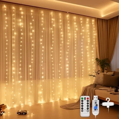 Obrázek DazSpirit světelný závěs 3Mx3M, 300 LED, USB řetěz, uvnitř s 8 režimy osvětlení, dálkové ovládání a časovačem, vodotěsný pro svatby, Vánoce, ložnici (teplá bílá)