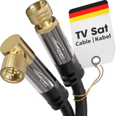 Obrázek KabelDirekt SAT kabel, koaxiální satelitní úhel 90 / rovný TV kabel s F konektorem, stíněný, nerozbitný kovový konektor 2 m (ideální pro HDTV, rádio, DVB T, C, S, S2)