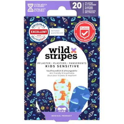 Obrázek Wild Stripes Sada dětských náplastí I náplast na prsty Kids Space pro děti šetrné k pokožce Vodotěsné náplasti voděodolné rány 24h ochrana vesmírný design 20 kusů