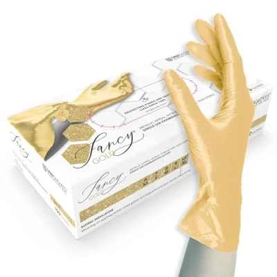 Obrázek ASKON Unigloves nitrilové rukavice FANCY Gold lesklé zlaté jednorázové nesterilní, bez latexu, pudru bezpečné pro potraviny ochrana před viry, houbami a bakteriemi (M
