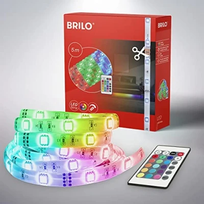 Obrázek Briloner Světla 2267 150P, LED pásek 5 m, pásek, lišta, 150 x RGB LED, 24 W, samolepicí, vč. dálkového ovládání, 2 flexibilních spojek a transformátoru, 1,5 m přívod, barva lišty: bílá