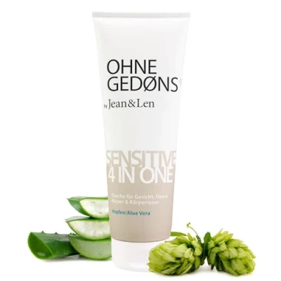 Obrázek Jean &amp; Len Sensitive 4v1 sprchový gel chmel a aloe vera, na obličej, vlasy, tělo tělo, jemné složky hýčkají pokožku bez parabenů silikonů, veganský gel, 250 ml