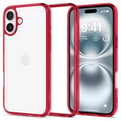 Obrázek Spigen pro iPhone 16 pouzdro [Anti Yellowing] Ultra Hybrid Case na mobil Ochranné Cover Průhledné Tenké Slim Red Crystal