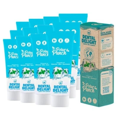 Obrázek DENTAL DELIGHT 12x zubní pasta Polar Punch Ledovec Mince, veganský, klimaticky neutrální bez mikroplastů