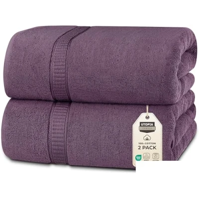 Obrázek Utopia Towels 2 velké osušky z bavlny s věšákem, ručníky do sauny, koupelny velké, 90 x 180 cm (švestka)