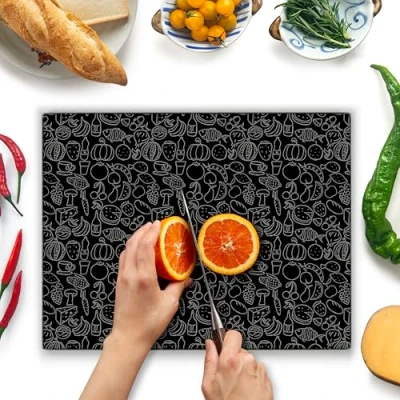 Obrázek Krájecí prkénko ze skla 40 x 30 cm na krájení, skleněné krájení kuchyňské skla, hygienické, odolné vůči teplu, protiskluzové silikonové nohy,