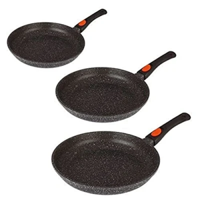 Obrázek Kamberg 0008019 Set aus 3 Pfannen mit 20/24/28 cm Abnehmbarer Griff Aluminiumguss Beschichtung in Steinoptik Für alle Herdarten, auch Induktion PFOA‑frei, Aluminium, Schwarz, 28 cm,
