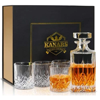 Obrázek KANARS Sada sklenic a karafových na whiskey, 750 ml karafa whisky se 4 x 300 sklenicemi, křišťálové sklenice bez olova, krásná dárková krabička, vysoce kvalitní, 5dílná