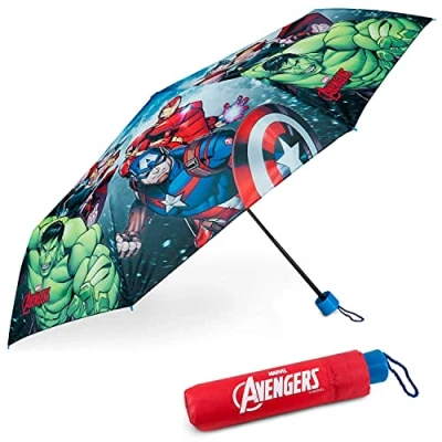 Obrázek BONNYCO Deštník Děti Avengers odolný proti bouřce se zesílenou strukturou skládací s taškou, batohem nebo cestou pro chlapce dárky chlapce, modrá, Uzavřené