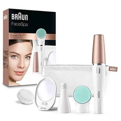 Obrázek Braun FaceSpa 851V Epilátor na obličej a kartáček čištění pleti, s masážním nástavcem, zrcátkem, bílá / červené zlato