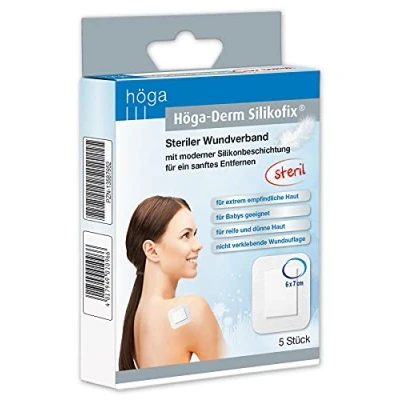 Obrázek Höga Derm Silikofix 6 cm x 7 cm, sterilní obvaz (dlažba) s moderní silikonovou vrstvou pro jemné vzdálenosti, 5 kusů