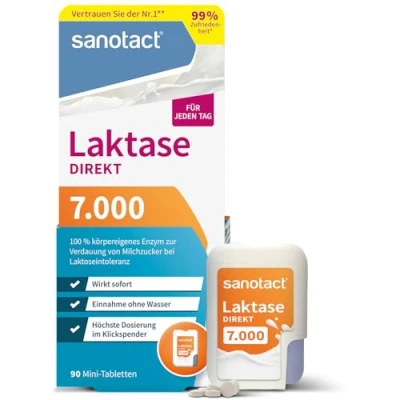 Obrázek sanotact Laktáza 7 000 PŘÍMO (90 mini tablet laktázy) Tablety laktózy pro každý den Při intoleranci laktózy, nesnášenlivosti a mléka Rychlé užívání bez vody