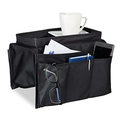 Obrázek Relaxdays organizér na loketní opěrky, pohovku s podnosem, 6 kapes, skládací, polyester, v x š h: 22 18 32 cm, černý