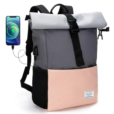 Obrázek MoFut Dámský velký batoh, pánský, školní mnoho přihrádek s přihrádkou na laptop 15,6&quot;, unisex rolovací vodotěsný, ležérní batoh do školy, volný čas, univerzální, práce, turistika.,