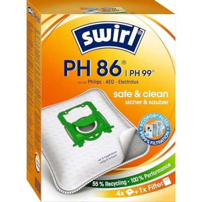 Obrázek Sáčky do vysavače Swirl PH 86 / 96 MicroPor Plus pro Philips, AEG, Electrolux a Volta, antialergenní filtr, trvale vysoký sací výkon, 4 kusy včetně 1 filtru