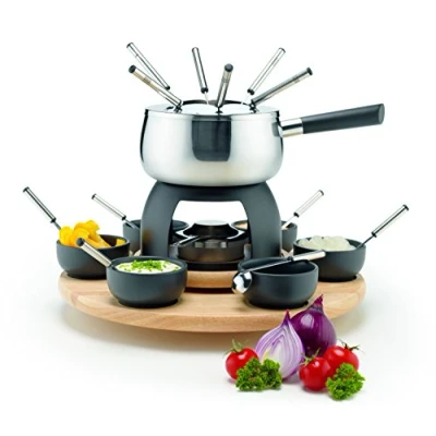 Obrázek Mäser 23dílná sada na fondue 931229, nerezový hrnec včetně ochrany proti postříkání, pravoúhlý, otočný kolotoč ze dřeva, vidličky fondue, misky, šedý/černý