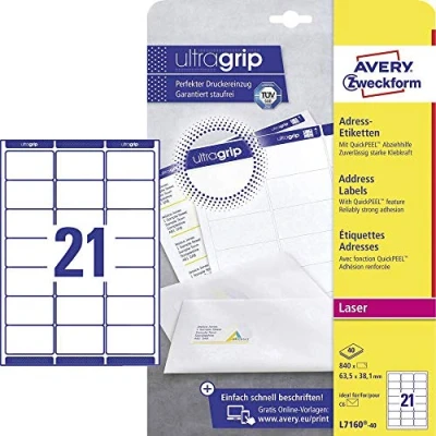 Obrázek AVERY Zweckform L7160 40 adresní štítky/adresní štítky (840 etikety s ultragripem, 63,5 x 38,1 mm na A4, lze potisknout, samolepicí, pro dopisní obálky DIN B6/C6, papír matný) listů, bílé