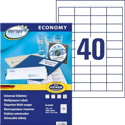 Obrázek Europe100 Art. ELA002 univerzální etikety (4. 000 samolepicích štítků, 48,5 x 25,4 mm na A4, papír matný, individuálně potištěné, samolepicí nálepky, kompatibilní s AVERY 3657) 100 listů, bílé