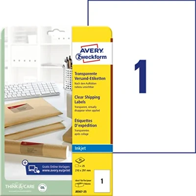 Obrázek AVERY Zweckform J8567 25 přepravní štítky/zásilkové nálepky (25 etiket, 210 x 297 mm na A4, lze potisknout, samolepicí, pro inkoustové tiskárny, balíčky a balíčky) listů, transparentní