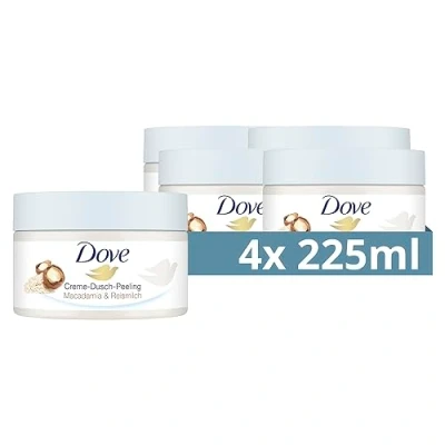 Obrázek Dove Krémový sprchový peeling makadamie a rýžové mléko Scrub Tělový pro vláčnou pokožku Péče o pleť s jojobovým voskem perly 4x 225 ml