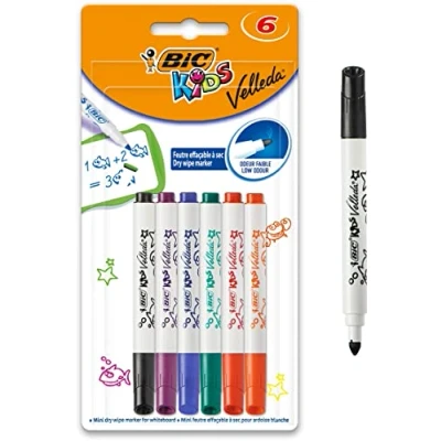 Obrázek BIC Kids Marker Mini Velleda, tužky na bílé tabule, omyvatelné v 6 barvách, snadno otíratelné za sucha a bez zápachu