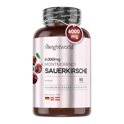 Obrázek Montmorency kapsle višně 6000 mg (50:1) 180 veganských kapslí zásoba 3 měsíce 120 výtažku z přímé šťávy tart třešeň extrakt doplněk stravy WeightWorld