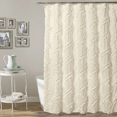 Obrázek Lush Decor, Sprchový závěs s volánky, ošumělý, design statku, 182,9 x cm, slonovina/světle žlutá