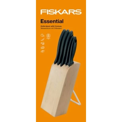 Obrázek Fiskars Blok na nože s 5 noži, Essential, včetně zeleninu, loupací nůž, kuchařský nůž vaření Santoku a chleba, šířka: 16 cm, délka: 8 výška: 38 březové dřevo, 1023782