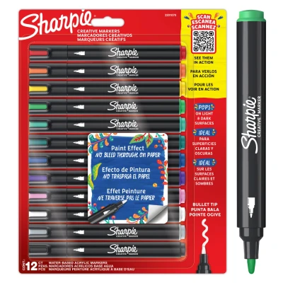 Obrázek Sharpie Kreativní popisovače akrylové pastelky Barevné na vodní bázi s kulatým hrotem školní potřeby různé barvy 12 kusů