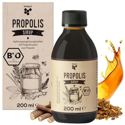 Obrázek beegut BIO propolisový sirup s propolisem, medem, jitrocelem, divizou a kořenem lékořice, 200 ml i pro děti, certifikovaný
