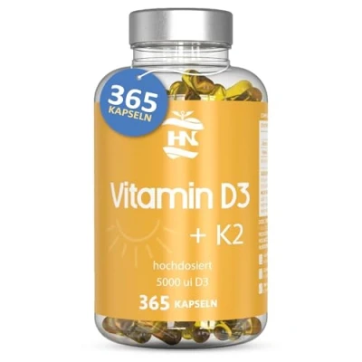 Obrázek Vitamín D. (5000 IE) 365 kapslí vitamínu D3 + K2 ve vysokých dávkách podporuje imunitu a funkci kostí Vysoká koncentrace antioxidanty antimastné tobolky prémiové