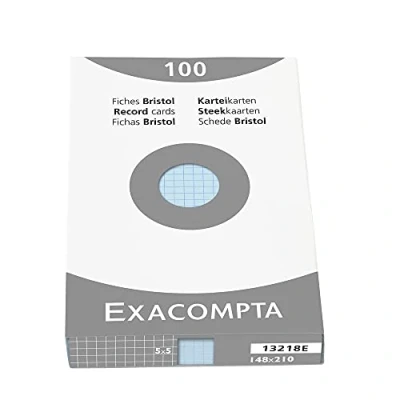 Obrázek Exacompta balení 13218E (s 100 kartotékovými kartami, neděrovanými DIN A5, 148 x 210 mm, 205 g, kostkované, ideální do školy) 1 azurově modrá