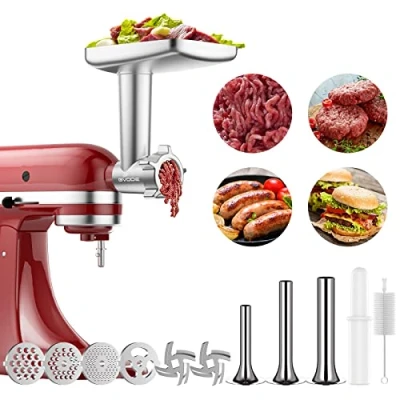 Obrázek Fleischwolf Aufsatz für KitchenAid Standmixer Inklusive 3 Wurstfüllhörner 2 Schleifklingen 4 Mahlscheibe und Reinigungsbürste Zubehör von GVODE
