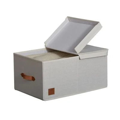 Obrázek LOVE IT STORE Premium úložný box s víkem z lněné a bavlněné látky zesílený dřevem velký stabilní béžový 50 x 33 24 cm