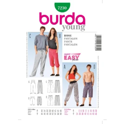 Obrázek Burda Střih 7230 kalhoty, Pantalon, Pants pro ni a něj vel. 32 46 &amp; 44 58