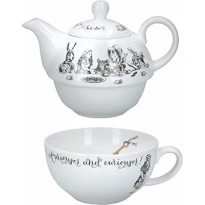 Obrázek V&amp;A Alice im Wunderland Teekanne und Tasse Set für 1 in Geschenkbox, Teeservice aus feinem China, weiß, 250 ml